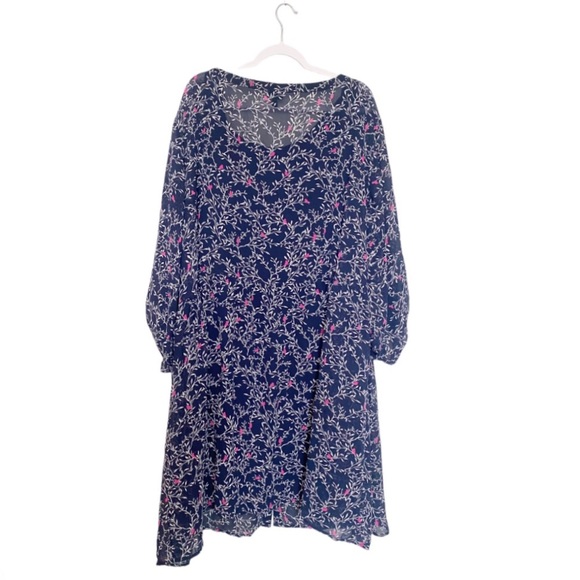 Torrid Bird Print Shirt Dress Chiffon 3/4 Sleeves Tunic Boho Preppy Blue/Pink 6X - Picture 8 of 11